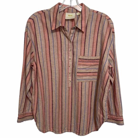 Maeve Anthropologie Shirt Lida Pink Striped & Crochet Top Linen Cotton Medium - Picture 2 of 9